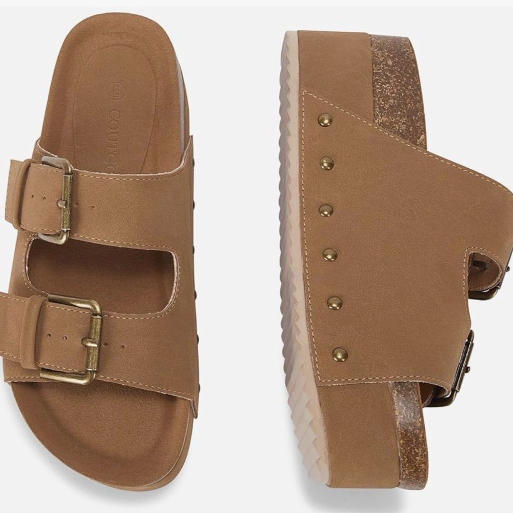 Coutgo Cork Platform Sandals Double Buckle Slip-On Mules Clogs - Size 9
